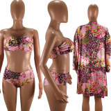Floral Print 3pcs Swimsuit Bikini Set+Cover Up HM-6085