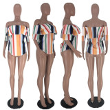 Sexy Striped Ruffles Slash Neck Short Sleeve Tops AWN-5010