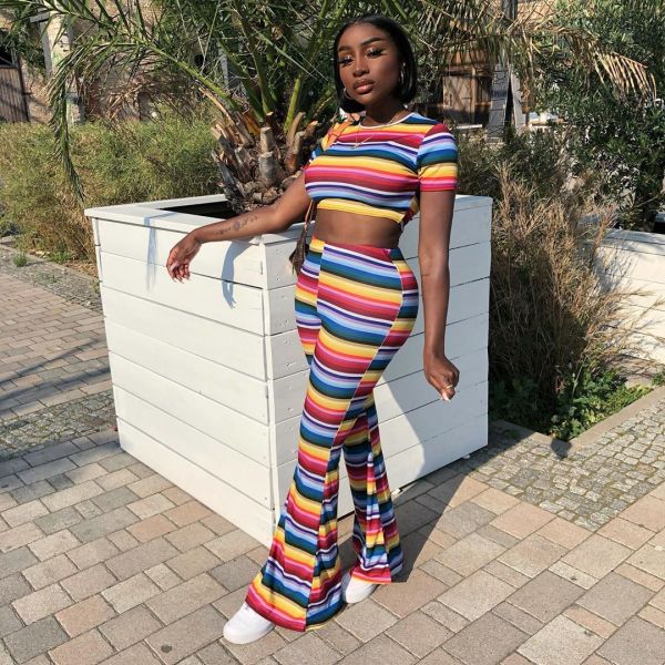 Colored Striped Crop Top Flares Pants Two Piece Suit MEI-9027