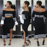 White Black Striped Crop Top and Bodycon Skirt Set BN-9031