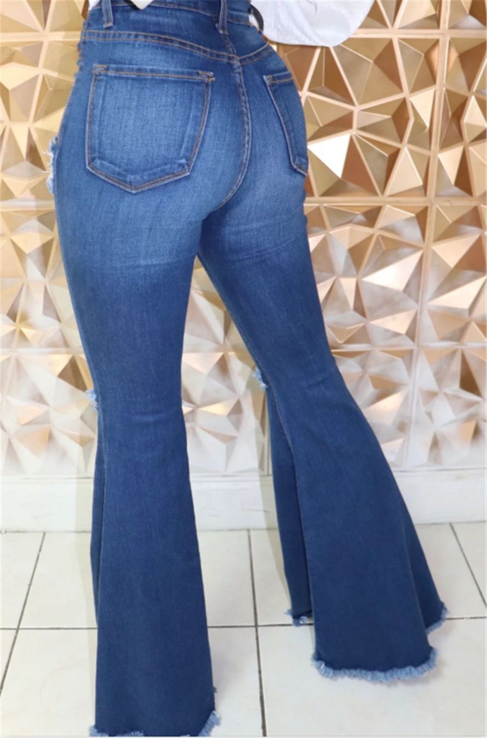 Dear-Fashion | Denim Ripped Holes Jeans High Waist Flare Pants LX-8906 ...