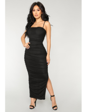 Black Spaghetti Strap Split Ruched Maxi Dress LS-0222