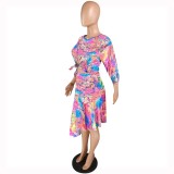 Fashion Printed Long Seeve Tops Irregular Skirt Sets YMT-6101
