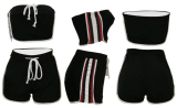 Black Striped Strapless Crop Top Shorts Set HM-6021