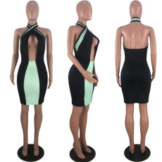 Sexy Patchwork Sleeveless Cut Out Halter Mini Dress KSN-5017