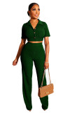 Solid Knitting Short Sleeve Crop Top Pants 2 Piece Sets LS-0277