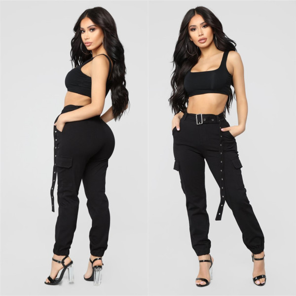 Black Cargo Pants With Belt Long Pencil Trousers LSL-6298