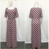Stripes Short Sleeve Off Shoulder Maxi Dress LS-0256