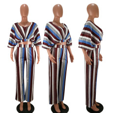 Elegant Stripes Tops High Waist Pant 2 Piece Set HM-6095