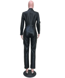 PU Leather Turndown Collar Pocket Jumpsuit ORY-5072