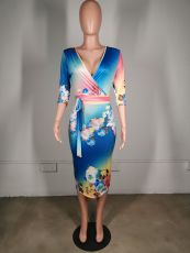Floral Print Sexy Deep V Half Sleeve Midi Dresses MK-2034