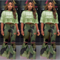 Plus Size Camouflage Ripped Holes Flares Bodycon Pants MOF-5111