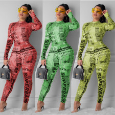 Letter Newspaper Print Long Sleeve Bodycon Jumpsuits MEI-9049