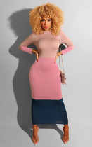 Color Patchwork Long Sleeve Slim Maxi Dresses MK-2035