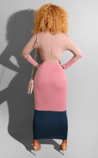 Color Patchwork Long Sleeve Slim Maxi Dresses MK-2035