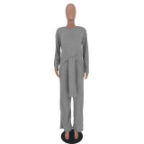 Solid Knitted Tie Up Top Wide Leg Pants 2 Piece Suits LDS-3177