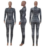 Trendy Printed Long Sleeve Front Zipper Bodycon Jumpsuits NIK-046