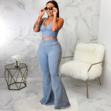 Sexy Denim Halter Crop Top Flared Jeans 2 Pieces Suit SMR-9361