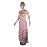 Fashion Pink Striped Ruffles Long Maxi Skirts YM-9158