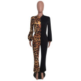 Trendy Leopard Print Patchwork Long Sleeve Jumpsuits MEM-8232