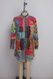 Vintage Printed Long Sleeve Turndown Collar Shirt Dresses SMR-9376