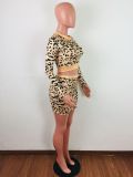 Leopard Print Long Sleeve Mini Skirt Two Piece Sets LA-3137