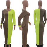 Contrast Color Long Sleeve O Neck Maxi Dresses TK-6029