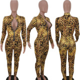 Leopard Print Long Sleeves Front Zipper Jumpsuits TK-6032