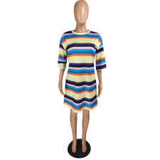 Rainbow Striped Half Sleeve Casual Loose Mini Dress YMT-6108