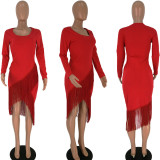 Sexy Tassel Long Sleeves Bodycon Midi Dresses HM-6158