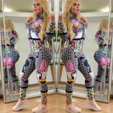Letter Cartoon Printed Front Zipper Skinny Jumpsuits HM-6162