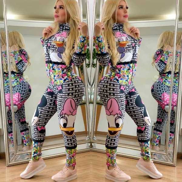 Letter Cartoon Printed Front Zipper Skinny Jumpsuits HM-6162