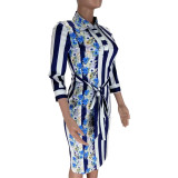 Floral Stripe Print Long Sleeves Midi Dresses CL-6029