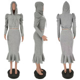 Solid Hooded Long Sleeve Mermaid Skirt 2 Piece Sets NM-8075
