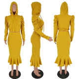 Solid Hooded Long Sleeve Mermaid Skirt 2 Piece Sets NM-8075