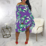 Sexy Slash Neck Long Sleeves Floral Printed Dresses SMR-9424