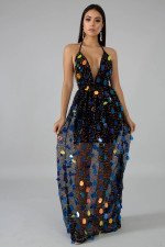 Sexy Sequin Backless Strappy V Neck Maxi Dresses LA-3147