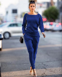 Solid Knitted Long Sleeve Casual Two Piece Pants Suit TR-868