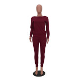 Solid Knitted Long Sleeve Casual Two Piece Pants Suit TR-868