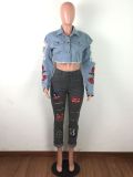 Denim Ripped Holes Embroidery Long Jeans LA-3155