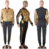 Plus Size Sequined Long Sleeve Two Piece Pants Set QY-5148