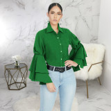 Trendy Ruffles Sleeve Turndown Collar Blouse Shirt SMR-9455