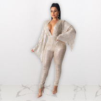 Sexy Sequin Deep V Neck Flare Sleeve Jumpsuits NIK-079