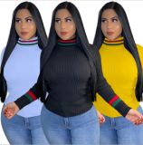 Plus Size Striped High Collar Knitted Pullover Tops QY-5143