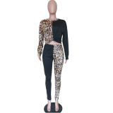 Leopard Print Patchwork Casual Two Piece Sets BN-9211
