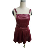 Trendy PU Leather Wine Red Strap Mini Dresses LX-8923