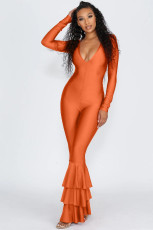 Solid V Neck Ruffles Leg One Piece Jumpsuits MEI-9062