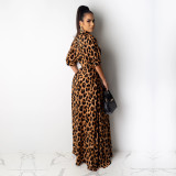 Leopard Print Half Sleeve Buttons Maxi Dress TE-3893