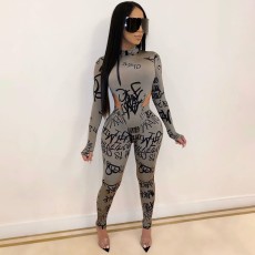 Sexy Letter Print Bodysuit And Pants 2 Piece Sets AWN-5065
