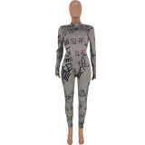 Sexy Letter Print Bodysuit And Pants 2 Piece Sets AWN-5065